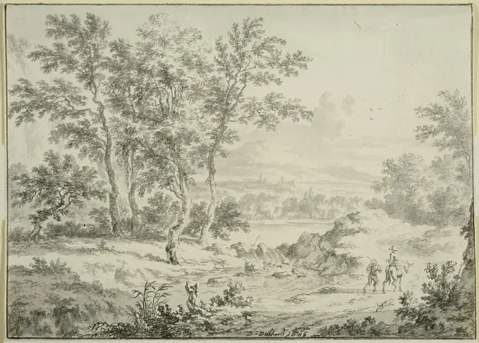 Framed Print : Italian landscape with two travelers. Creator: Dirck Dalens II Framed Print : Italian landscape with two travelers. Creator: Dirck Dalens II