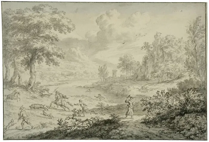 Framed Print : Italian landscape with wild boar hunting. Creator: Dirck Dalens II Framed Print : Italian landscape with wild boar hunting. Creator: Dirck Dalens II