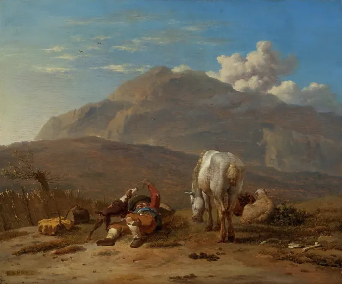 Framed Print : Italian Landscape with a Young Shepherd Playing with his Dog, c1647-1678. Creator: Karel Du Jardin