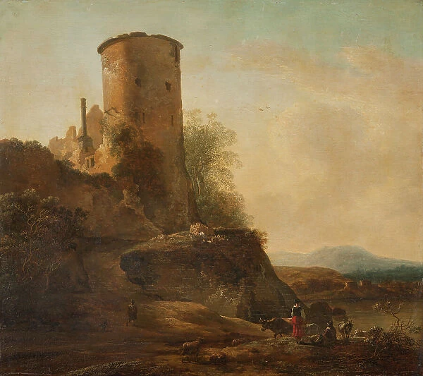 Italian mountain landscape with castle ruins, animals and figures, first half of 17th century. Creator: Adam Pynacker
