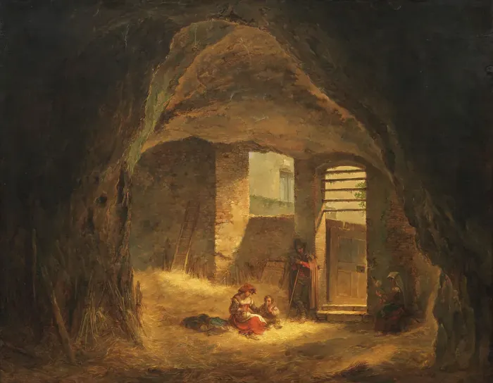 Framed Print : Italian Peasants in a Grotto (Antique Grotto in the Tarpeian Rock), 1821. Creator: Alexander Lauréus Framed Print : Italian Peasants in a Grotto (Antique Grotto in the Tarpeian Rock), 1821. Creator: Alexander Lauréus