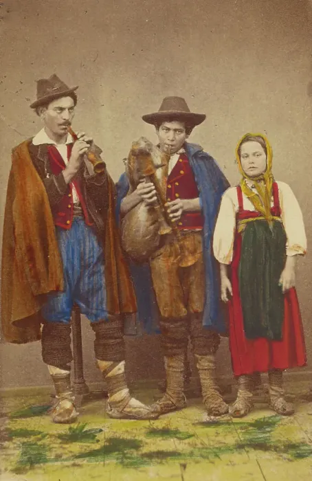 Framed Print : Three Italian peasants standing: two men playing wind instruments, a girl next to them, 1865-1875. Creator: Giorgio Conrad Framed Print : Three Italian peasants standing: two men playing wind instruments, a girl next to them, 1865-1875. Creator: Giorgio Conrad