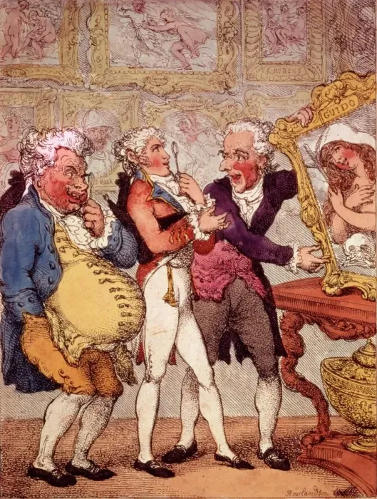 Framed Print : Italian Picture Dealers Humbugging My Lord Anglaise, pub. 1812 (hand coloured engraving) Framed Print : Italian Picture Dealers Humbugging My Lord Anglaise, pub. 1812 (hand coloured engraving)