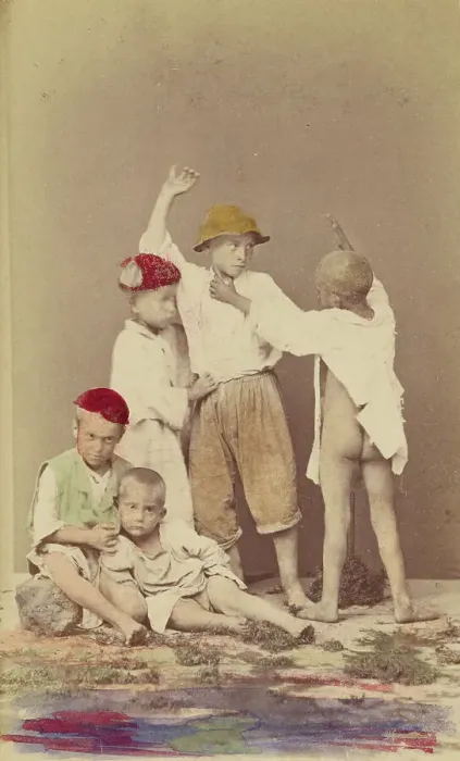 Framed Print : Five Italian street boys: two seated, three standing, 1865-1875. Creator: Arena & D'Alessandri Framed Print : Five Italian street boys: two seated, three standing, 1865-1875. Creator: Arena & D'Alessandri