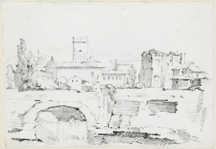 Framed Print : An Italian Town with a Stone Bridge and a Waterfall, 1744 / 1750. Creator: Joseph-Marie Vien the Elder Framed Print : An Italian Town with a Stone Bridge and a Waterfall, 1744 / 1750. Creator: Joseph-Marie Vien the Elder
