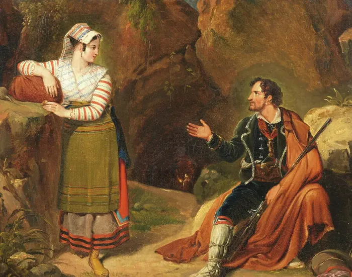 Framed Print : Italian Woman Making Conversation With a Brigand, c19th century. Creator: Unknown Framed Print : Italian Woman Making Conversation With a Brigand, c19th century. Creator: Unknown