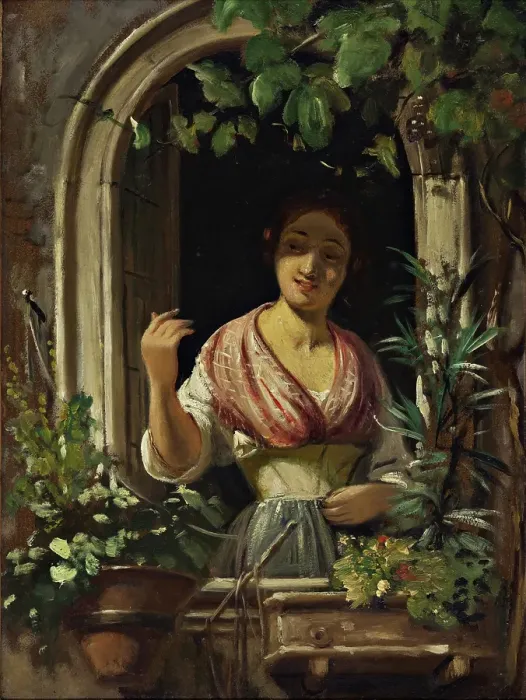 Framed Print : Italian woman waving from a window, end of the 1850s. Creator: Wilhelm Marstrand Framed Print : Italian woman waving from a window, end of the 1850s. Creator: Wilhelm Marstrand