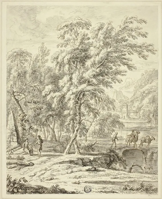 Framed Print : Italianate Landscape with Figures Crossing Bridge, n.d. Creators: Heinrich Meyeringh, Francesco Zuccarelli, Abraham Genoels II