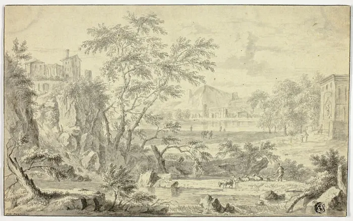 Framed Print : Italianate Landscape with Shepherd and Flock by Stream, Town in the Distance, n.d. Creator: Jan van Huysum Framed Print : Italianate Landscape with Shepherd and Flock by Stream, Town in the Distance, n.d. Creator: Jan van Huysum