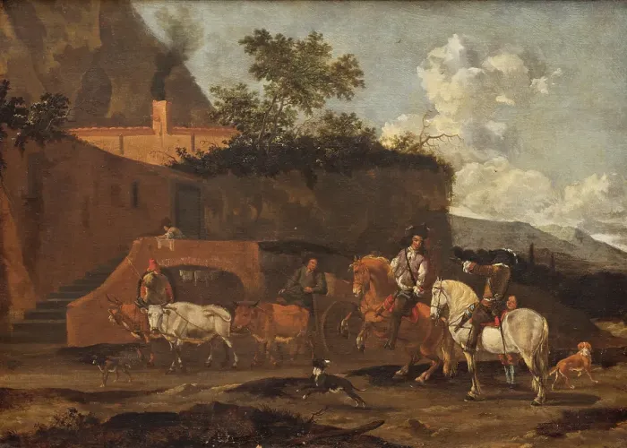 Framed Print : Italianate Landscape with Travellers, 1650-1700. Creator: Circle of Jan Frans Soolmaker Framed Print : Italianate Landscape with Travellers, 1650-1700. Creator: Circle of Jan Frans Soolmaker