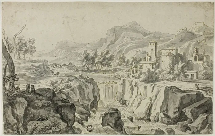 Framed Print : Italianate Landscape with Waterfall and Buildings, n.d. Creator: Gerit Rademaker Framed Print : Italianate Landscape with Waterfall and Buildings, n.d. Creator: Gerit Rademaker