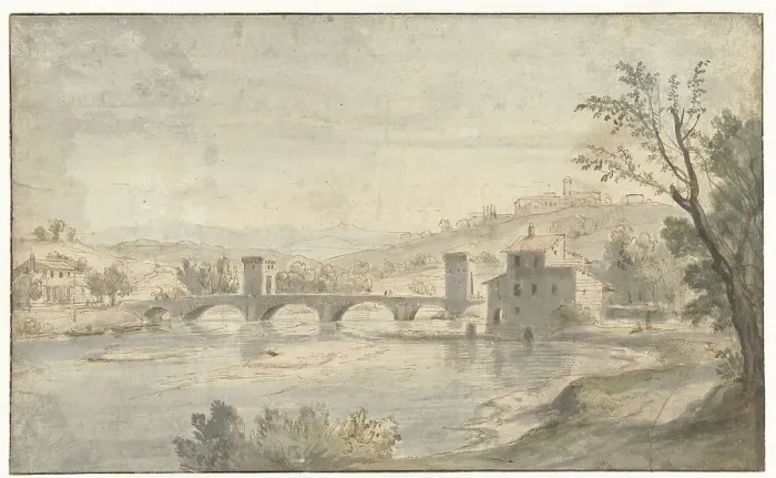 Framed Print : Italianate River Landscape with a Bridge, 1674-1736. Creator: Gaspar van Wittell Framed Print : Italianate River Landscape with a Bridge, 1674-1736. Creator: Gaspar van Wittell