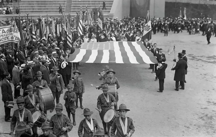 Framed Print : Italians marching into stadium, 23 Jun 1917. Creator: Bain News Service Framed Print : Italians marching into stadium, 23 Jun 1917. Creator: Bain News Service