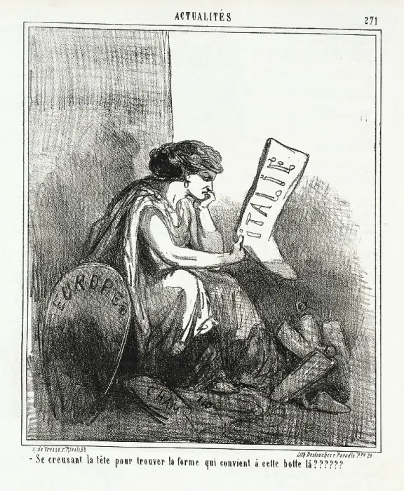 Framed Print : Italie -Europe Se creusant la tête pour trouver la forme qui convient a cette botte là??, 1867. Creator: Cham Framed Print : Italie -Europe Se creusant la tête pour trouver la forme qui convient a cette botte là??, 1867. Creator: Cham