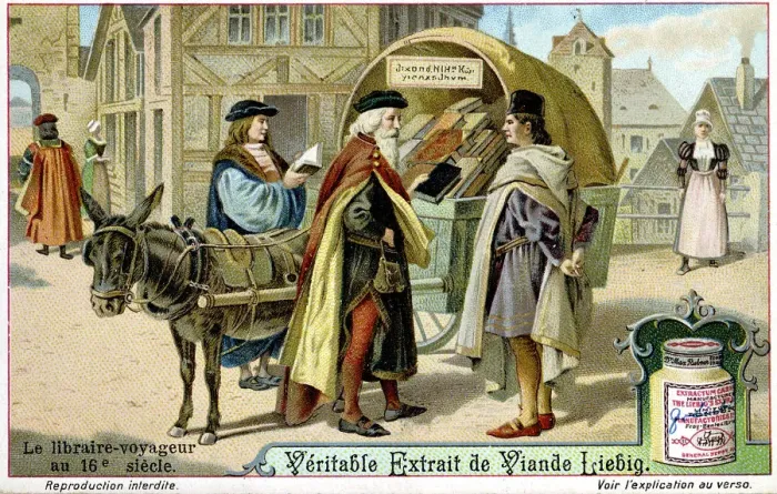 Framed Print : Itinerant 16th century bookseller with covered donkey cart full of books, late 19th century Framed Print : Itinerant 16th century bookseller with covered donkey cart full of books, late 19th century