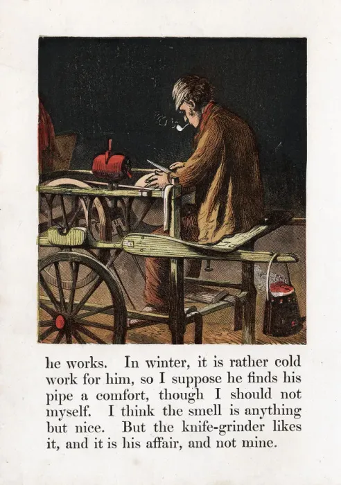 Framed Print : Itinerant knife grinder sharpening a blade by turning a grindwheel with a treadle, c1867 Framed Print : Itinerant knife grinder sharpening a blade by turning a grindwheel with a treadle, c1867