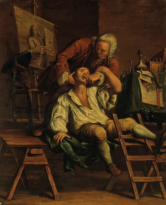 Framed Print : An itinerant operator extracting a tooth. Creator: Maggiotto, Francesco, 1750-1805 (After) Framed Print : An itinerant operator extracting a tooth. Creator: Maggiotto, Francesco, 1750-1805 (After)