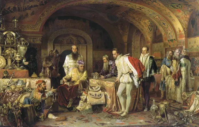 Framed Print : Ivan IV of Russia demonstrates his treasures to the ambassador of Queen Elizabeth I of England, 1875 Framed Print : Ivan IV of Russia demonstrates his treasures to the ambassador of Queen Elizabeth I of England, 1875