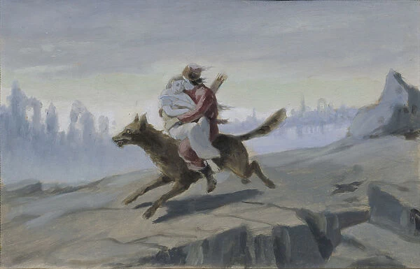Ivan Tsarevich riding the Gray Wolf, End of 1870s-Early 1880s. Artist: Perov, Vasili Grigoryevich (1834-1882)