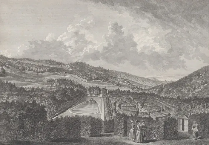Framed Print : IVe Vue du Parc de Neu-Waldeck prise du Pavillon Chinois vers le Nord, 1782. Creators: Jakob Matthias Schmutzer, Carl Conti, Clemens Kohl, Franz Karl Zoller