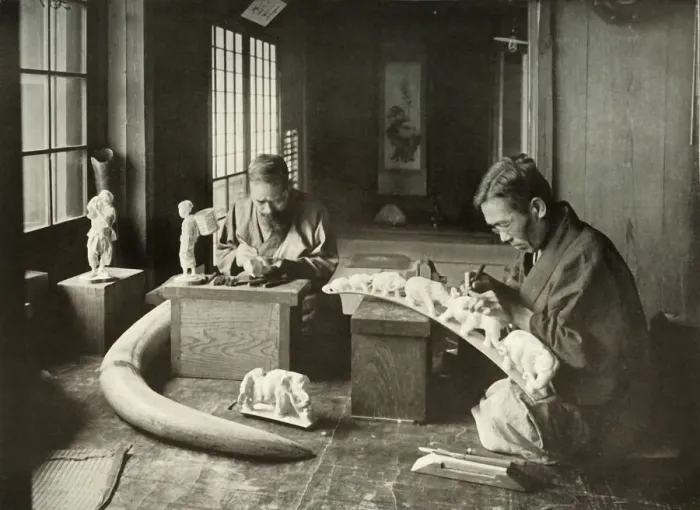 Framed Print : The Ivory Carvers, 1910. Creator: Herbert Ponting Framed Print : The Ivory Carvers, 1910. Creator: Herbert Ponting