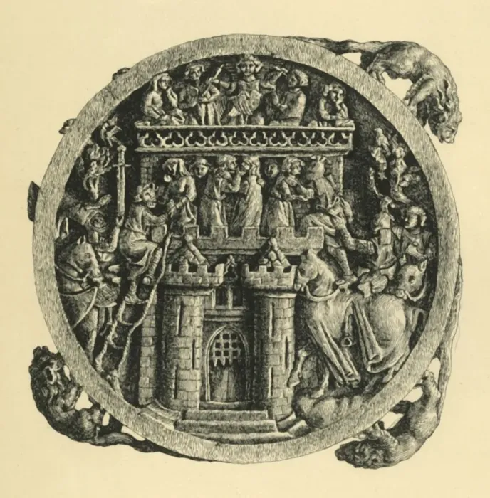 Framed Print : Ivory mirror case depicting the Storming of the Castle of Love, early-mid 14th century, (1881) Framed Print : Ivory mirror case depicting the Storming of the Castle of Love, early-mid 14th century, (1881)