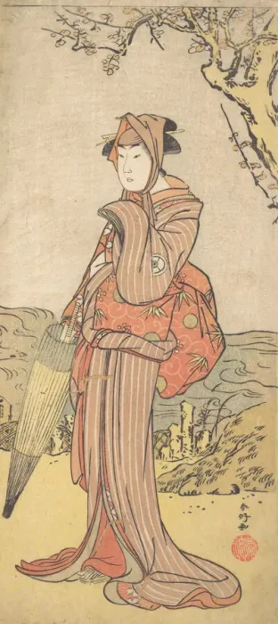 Framed Print : Iwai Kiyotaro as a Woman Standing under a Plum Tree, ca. 1788. Creator: Katsukawa Shunko Framed Print : Iwai Kiyotaro as a Woman Standing under a Plum Tree, ca. 1788. Creator: Katsukawa Shunko
