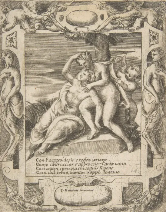 Framed Print : Ixion embracing a cloud, thinking it is Juno, Cupid at the right, set within an elabora Framed Print : Ixion embracing a cloud, thinking it is Juno, Cupid at the right, set within an elabora