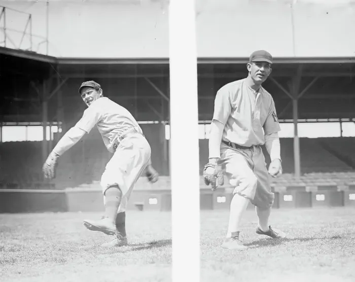 Framed Print : Jack Quinn & Jim Vaughn wearing partial 1909 uniforms, New York, AL (baseball), 1910. Creator: Bain News Service Framed Print : Jack Quinn & Jim Vaughn wearing partial 1909 uniforms, New York, AL (baseball), 1910. Creator: Bain News Service