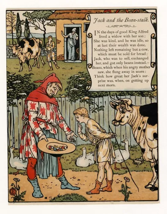 Framed Print : Jack sells his cow for beans, from The Blue Beard Picture Book, pub. 1879 (colour lithograph), 1879 Framed Print : Jack sells his cow for beans, from The Blue Beard Picture Book, pub. 1879 (colour lithograph), 1879
