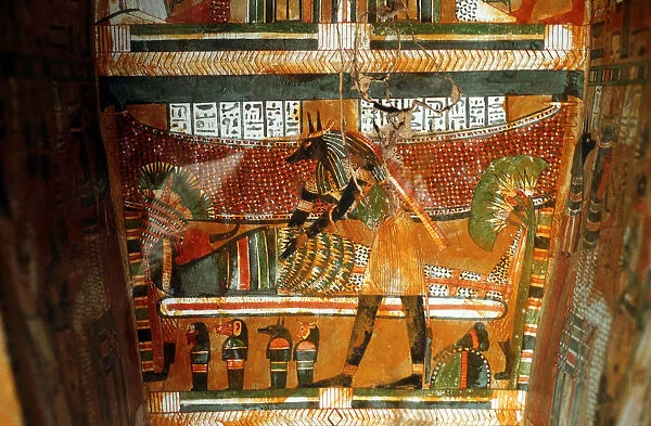 Jackal-headed god Anubis receiving dead king or noble, Ancient Egyptian