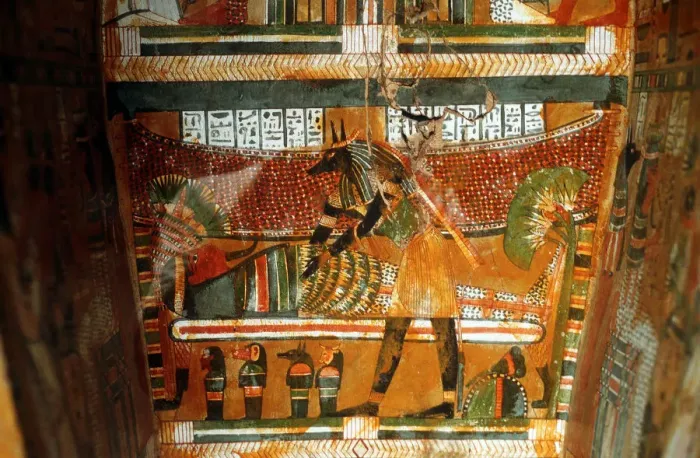 Framed Print : Jackal-headed god Anubis receiving dead king or noble, Ancient Egyptian Framed Print : Jackal-headed god Anubis receiving dead king or noble, Ancient Egyptian