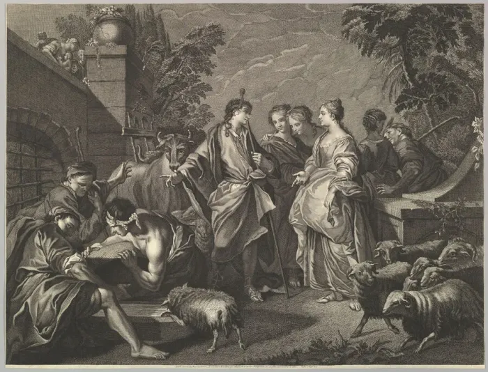 Framed Print : Jacob arrives in Mesopotamia, 18th century. Creator: Unknown Framed Print : Jacob arrives in Mesopotamia, 18th century. Creator: Unknown