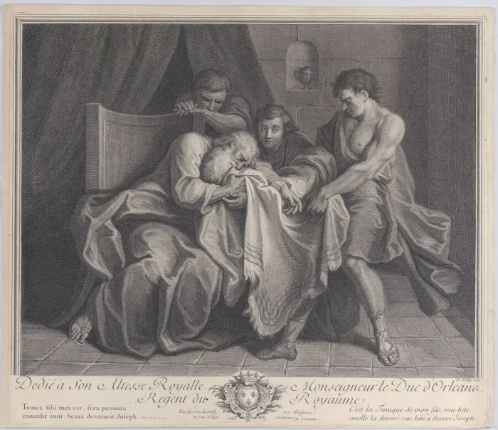 Framed Print : Jacob crying into his sons robe while his other sons pull it away from him, 1724 Framed Print : Jacob crying into his sons robe while his other sons pull it away from him, 1724