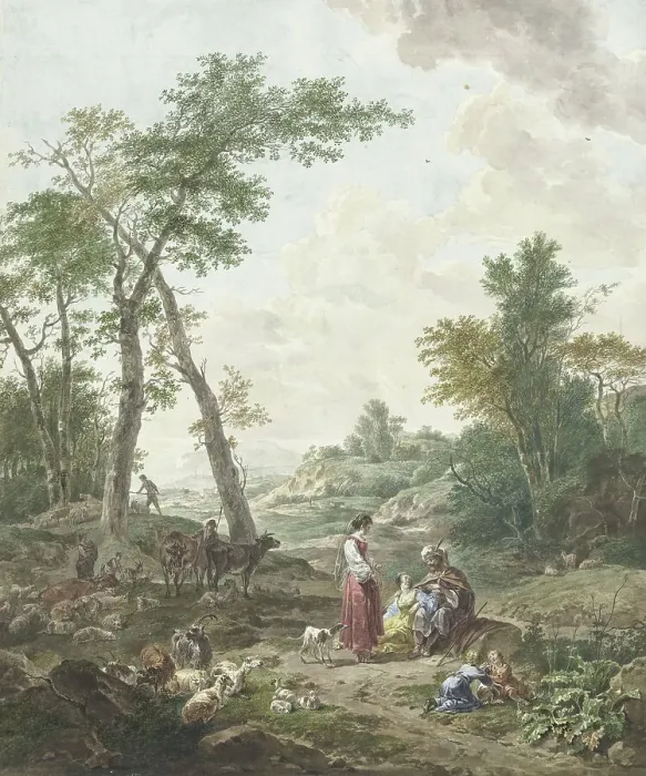 Framed Print : Jacob entertaining Rachel and Leah, 1777. Creator: Wybrand Hendriks Framed Print : Jacob entertaining Rachel and Leah, 1777. Creator: Wybrand Hendriks