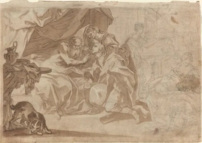 Framed Print : Jacob and Rebecca before Isaac [recto], early 18th century. Creator: Unknown