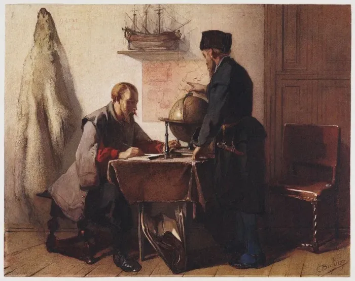 Framed Print : Jacob van Heemskerk and Willem Barendsz. plan their trip to the Arctic in 1594. Artist: Bisschop, Christoffel (1828-1904) Framed Print : Jacob van Heemskerk and Willem Barendsz. plan their trip to the Arctic in 1594. Artist: Bisschop, Christoffel (1828-1904)
