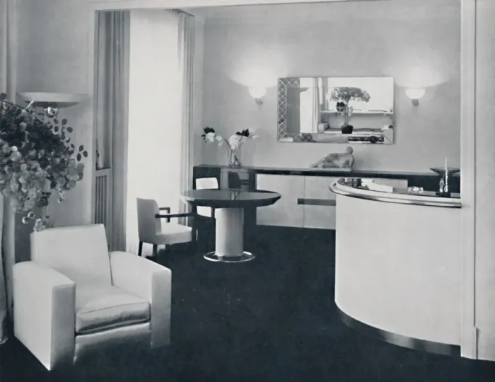 Framed Print : Jacques Adnet - Bar corner of a dining-room. The furniture is in polished black pearwood Framed Print : Jacques Adnet - Bar corner of a dining-room. The furniture is in polished black pearwood