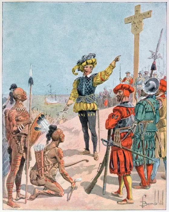 Framed Print : Jacques Cartier takes possession of the Bay of Gaspe, Canada, 1534 (1900). Artist: L Geisleh Framed Print : Jacques Cartier takes possession of the Bay of Gaspe, Canada, 1534 (1900). Artist: L Geisleh
