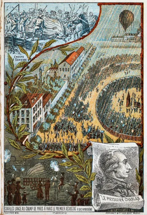 Framed Print : Jacques Charles launches his first aerostat from the Champ de Mars, Paris, 1783 (1890s)