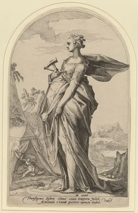 Framed Print : Jael and Sisera, 1588. Creator: Jacob Matham Framed Print : Jael and Sisera, 1588. Creator: Jacob Matham