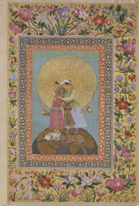Framed Print : Jahangirs Dream. Abbas I, Shah of Persia (left) and Jahangir, Emperor of India, c. 1620. Artist: Abu al-Hasan (Nadir al-Zaman) (1589-c. 1630) Framed Print : Jahangirs Dream. Abbas I, Shah of Persia (left) and Jahangir, Emperor of India, c. 1620. Artist: Abu al-Hasan (Nadir al-Zaman) (1589-c. 1630)