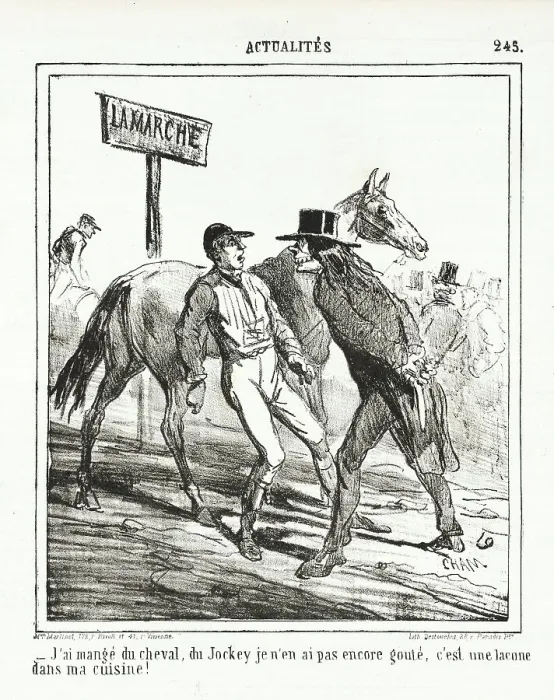Framed Print : J'ai mangé du cheval, du Jockey je n'en ai pas encore gouté, c'est une lacune dans ma cuisine!, 1865 Creator: Cham Framed Print : J'ai mangé du cheval, du Jockey je n'en ai pas encore gouté, c'est une lacune dans ma cuisine!, 1865 Creator: Cham