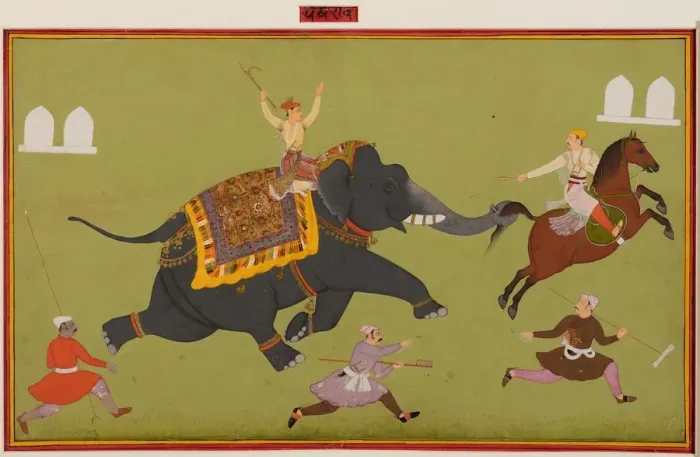 Framed Print : Jai Singhs elephant Pakhrao, gone amuck and catches a horse by the tail, c Framed Print : Jai Singhs elephant Pakhrao, gone amuck and catches a horse by the tail, c