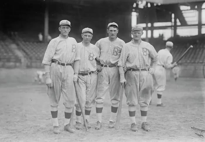 Framed Print : Jake Daubert, George Cutshaw, Ivy Olson, Mike Mowrey, Brooklyn NL infield (baseball), 1916. Creator: Bain News Service Framed Print : Jake Daubert, George Cutshaw, Ivy Olson, Mike Mowrey, Brooklyn NL infield (baseball), 1916. Creator: Bain News Service