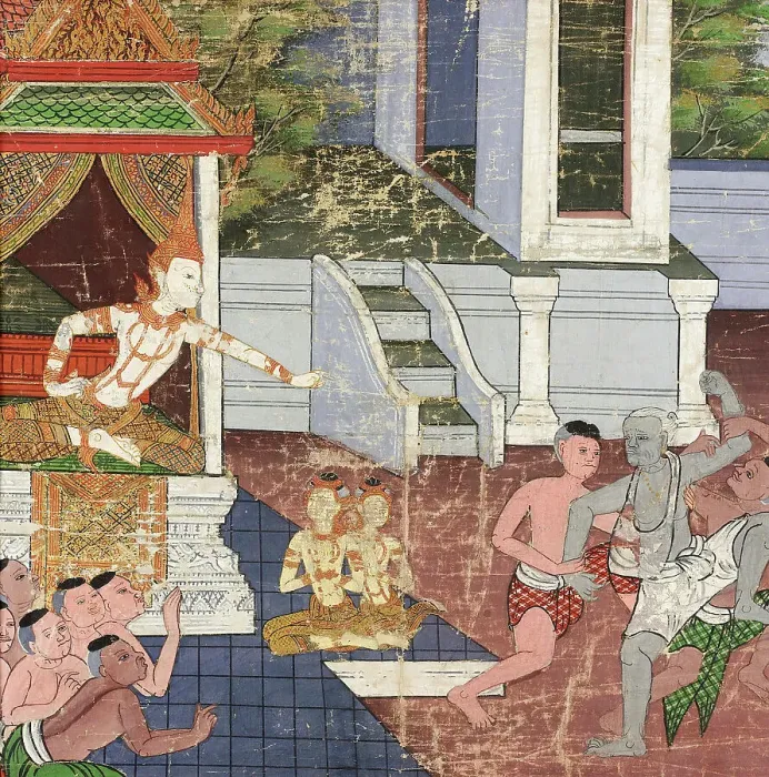 Framed Print : Jali and Kanhajina are Brought Before Their Grandfather King Sanjaya... 19th century. Creator: Unknown