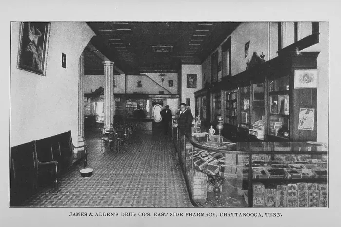 Framed Print : James & Allen's Drug Co's. East Side Pharmacy, Chattanooga, Tenn. 1907. Creator: Unknown. James & Allen's Drug Co's. East Side Pharmacy, Chattanooga, Tenn. 1907. Creator: Unknown Framed Print : James & Allen's Drug Co's. East Side Pharmacy, Chattanooga, Tenn. 1907. Creator: Unknown. James & Allen's Drug Co's. East Side Pharmacy, Chattanooga, Tenn. 1907. Creator: Unknown