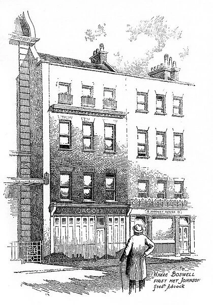 Where James Boswell first met Dr Johnson, London, (1912). Artist: Frederick Adcock