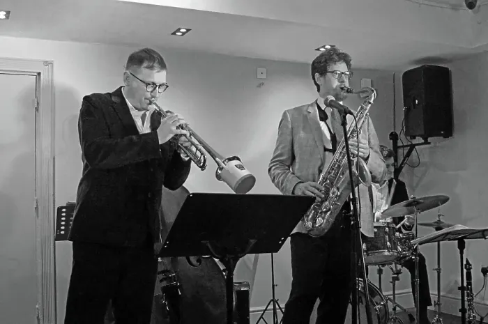 Framed Print : James Davison and Duncan Hemstock, Davison-Hemstock Quintet, Spike's Place, Beckenham, Kent, 2024. Creator: Brian O'Connor Framed Print : James Davison and Duncan Hemstock, Davison-Hemstock Quintet, Spike's Place, Beckenham, Kent, 2024. Creator: Brian O'Connor