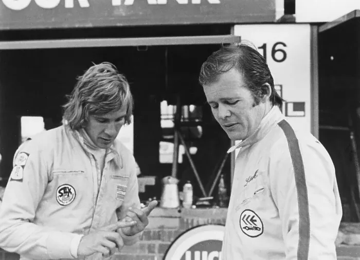 Framed Print : James Hunt with Charles Lucas, c1970 Framed Print : James Hunt with Charles Lucas, c1970